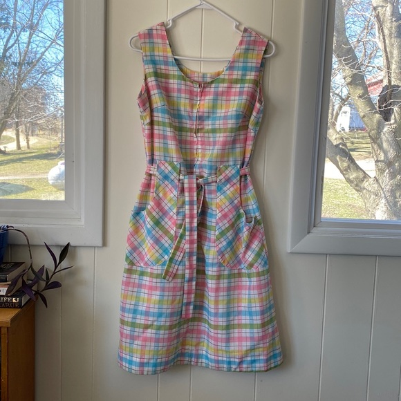 Vintage 60s Pastel Rainbow Plaid Zip Front Belted Housedress M/L - Picture 4 of 9